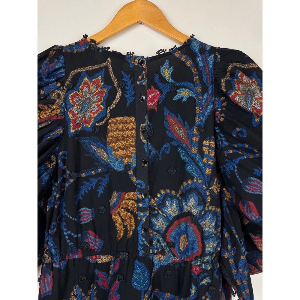 FARM RIO Women Sunset Tapestry Black Puffer Sleeve Mini Dress size M - Picture 13 of 16